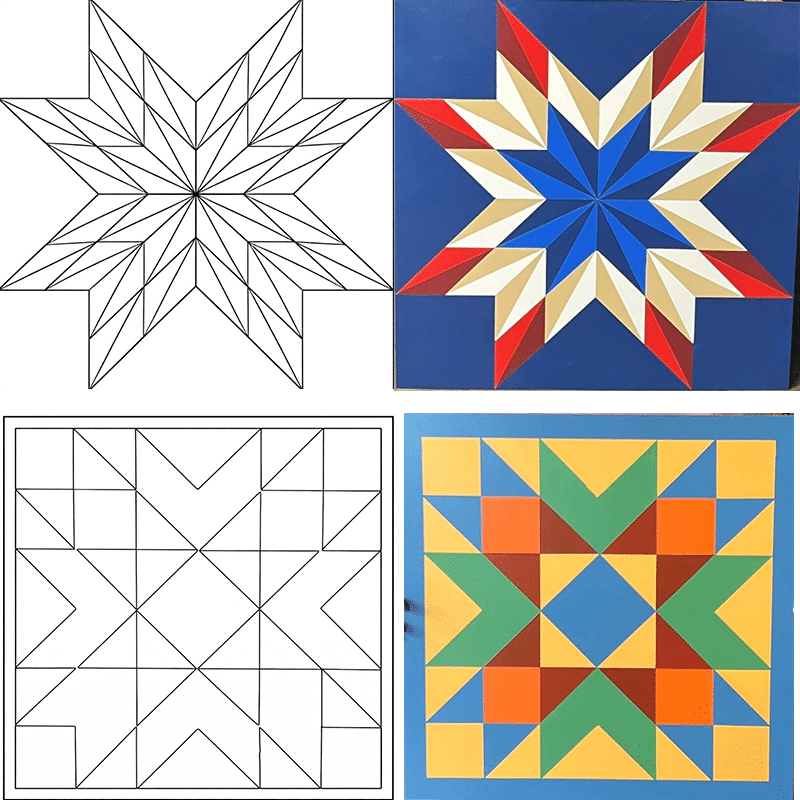 Image showing a Pre-drawn Barn Quilt Pattern before and after it's painted - Centex Barn Quilts