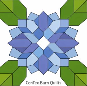 Barn quilt featuring a symmetrical floral medallion of layered blue and purple diamond-shaped petals radiating around a small white center, with green leaves in each corner. "CenTex Barn Quilts" text appears along the bottom.