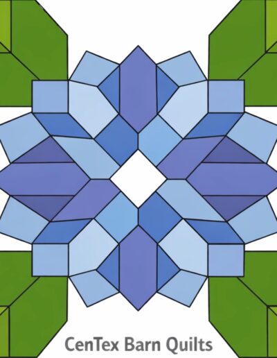 Barn quilt featuring a symmetrical floral medallion of layered blue and purple diamond-shaped petals radiating around a small white center, with green leaves in each corner. "CenTex Barn Quilts" text appears along the bottom.