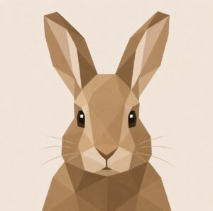Low-poly geometric barn quilt of a brown rabbit facing forward, both ears upright, on a cream background