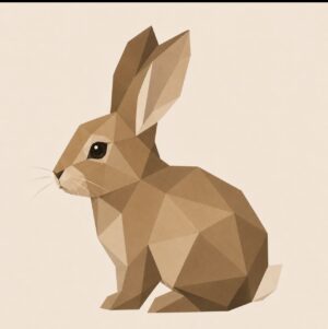 Low-poly geometric barn quilt of a brown rabbit sitting in profile with ears raised, on a cream background