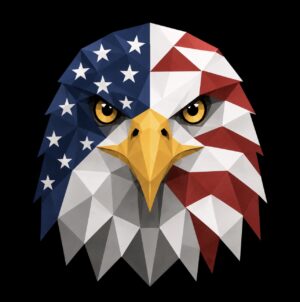 Barn quilt of a bald eagle's head with an American flag motif—stars and stripes—in the background.