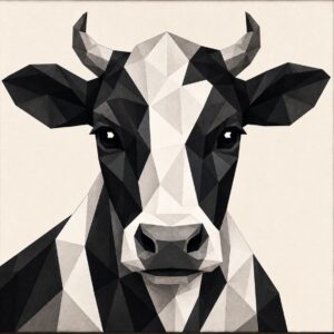 Geometric low-poly barn quilt of a black-and-white horned cow's head facing forward on a cream background.