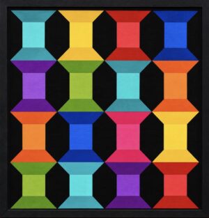 Brightly colored geometric barn quilt of repeating 3D tube or spool shapes in rainbow colors on a black background.