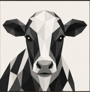 Geometric low-poly barn quilt of a black-and-white cow's head facing forward on a cream background.