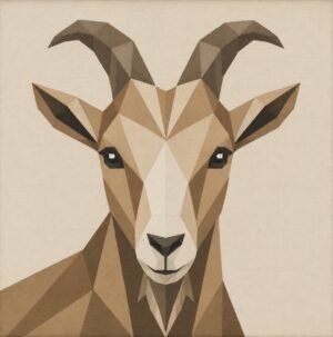 Geometric low-poly barn quilt of a goat's head with curved horns in shades of tan, brown, and cream on a light background.
