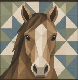 Barn quilt of a horse's head rendered in tan and brown geometric triangles, framed by a border of brown-and-cream patchwork triangles.