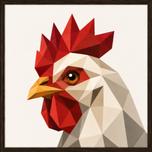 Geometric low-poly barn quilt of a rooster's head with a red comb and wattle, golden-brown feathers, and a white face.