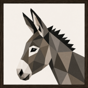 Geometric low-poly barn quilt of a donkey's head in shades of gray on a beige background.