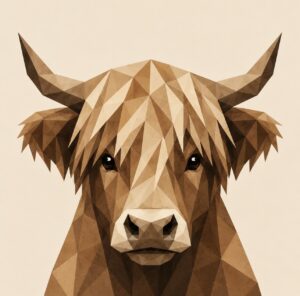 Low-poly geometric barn quilt of a Highland cow with shaggy bangs and curved horns, facing forward, on a cream background