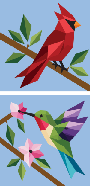 Double-sided 12" x 12" full-color ACM barn quilt in low-poly geometric style — a red cardinal on the front and a green-and-purple hummingbird sipping from a pink flower on the back, each perched on a leafy branch against a light blue background.
