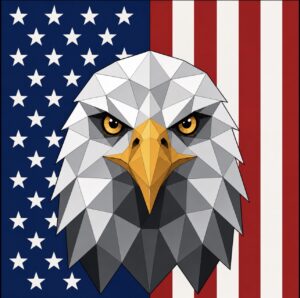 Bald eagle head geometric barn quilt pattern over American flag stars and stripes — printable PDF pattern from Centex Barn Quilts