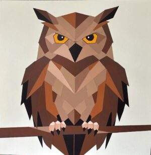 Painted great horned owl geometric barn quilt in browns and gold perched on a branch — printable PDF pattern from Centex Barn Quilts