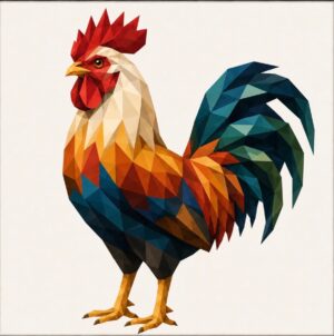 Colorful low-poly rooster barn quilt pattern with red comb and teal tail feathers — printable PDF pattern from Centex Barn Quilts