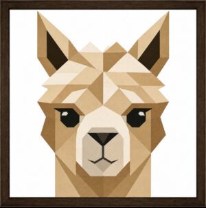 Geometric alpaca face barn quilt pattern in tan and cream on white