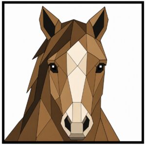 Geometric brown horse head barn quilt pattern with cream blaze and dark mane