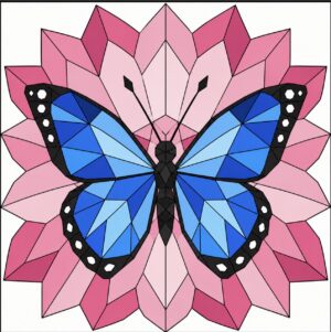 Geometric butterfly barn quilt pattern line art on flower petal starburst background