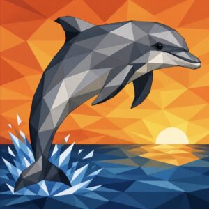 Geometric dolphin barn quilt pattern line art leaping over water at sunset with seagrass