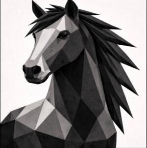 Geometric horse portrait barn quilt pattern in black, white, and gray