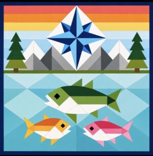 Lake fishing barn quilt pattern with compass star, mountains, pine trees, and three fish