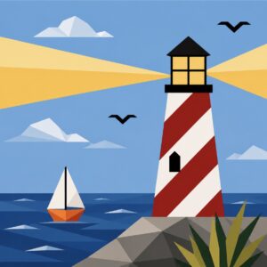 Red and white striped lighthouse barn quilt pattern with sailboat, seagulls, and ocean waves