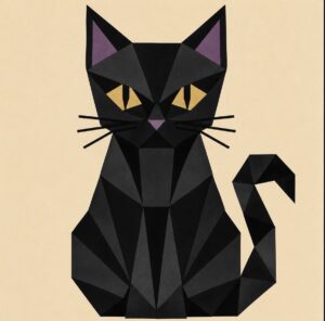 Geometric black cat barn quilt pattern with gold eyes and purple ears — Centex Barn Quilts