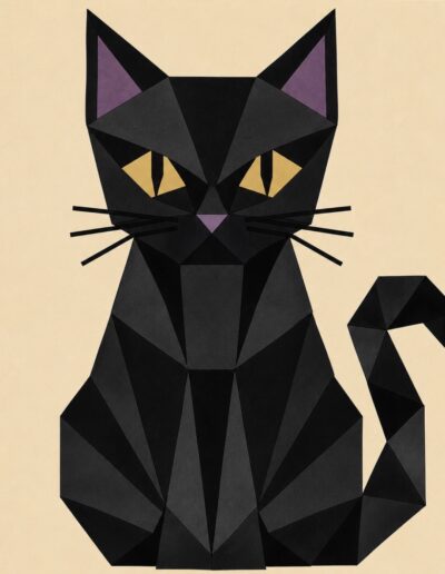 Geometric black cat barn quilt pattern with gold eyes and purple ears — Centex Barn Quilts