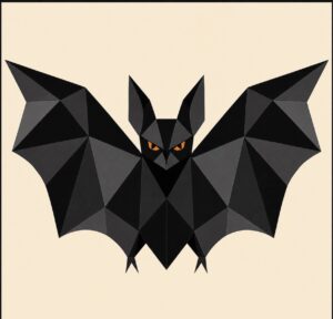 Geometric black bat barn quilt pattern with orange eyes and spread wings — Centex Barn Quilts