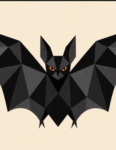 Geometric black bat barn quilt pattern with orange eyes and spread wings — Centex Barn Quilts