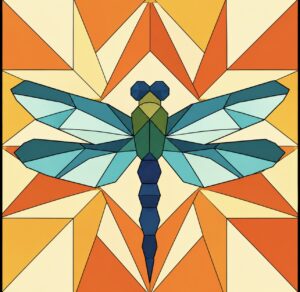 Geometric dragonfly barn quilt pattern in teal and blue on orange starburst — Centex Barn Quilts