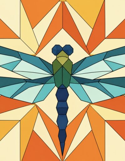 Geometric dragonfly barn quilt pattern in teal and blue on orange starburst — Centex Barn Quilts