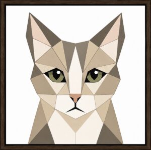 Geometric tabby cat barn quilt pattern with green eyes in gray and tan — Centex Barn Quilts