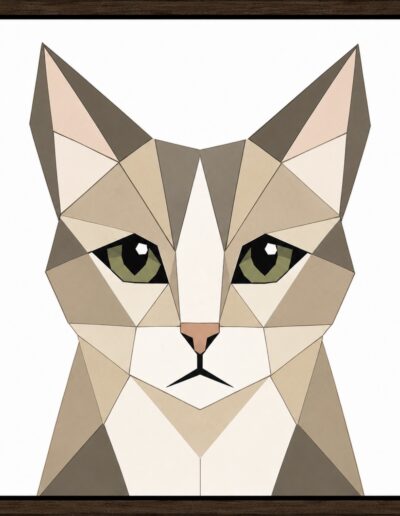 Geometric tabby cat barn quilt pattern with green eyes in gray and tan — Centex Barn Quilts