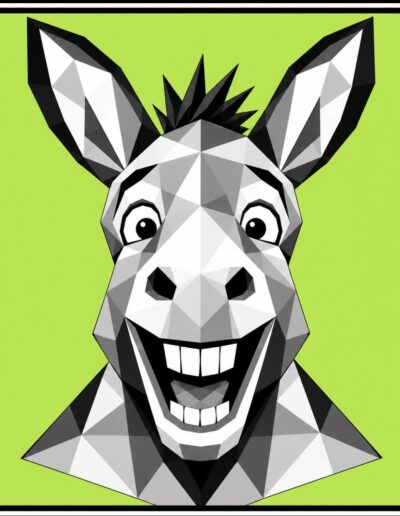 geometric grinning donkey barn quilt pattern in gray on lime green background