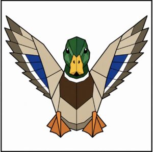 geometric mallard duck barn quilt pattern with spread wings green head and blue wing patches