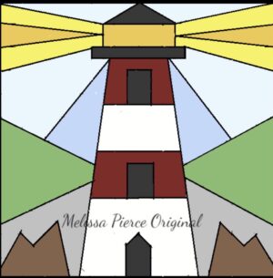 geometric lighthouse barn quilt pattern red and white with beams mountains and sunrise
