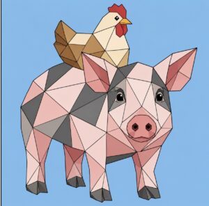 Geometric pig with a chicken perched on its back barn quilt pattern in pink and gray on blue