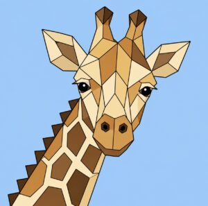Geometric giraffe head barn quilt pattern in tan and brown on a blue background