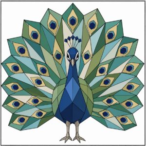 Geometric peacock barn quilt pattern with fanned teal and gold tail feathers