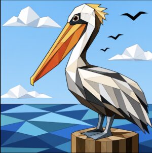 Geometric pelican barn quilt pattern line art perched on a piling with clouds and shorebirds