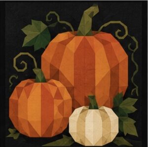 Geometric three pumpkins barn quilt pattern line art with vines, leaves and curling tendrils