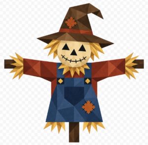 Geometric scarecrow barn quilt pattern line art with pointed patched hat and straw arms
