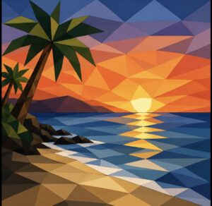 Tropical sunset barn quilt pattern with palm trees, ocean reflection, and orange sky