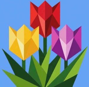 Red, yellow, and pink tulips barn quilt pattern with green leaves on a blue background