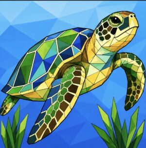 Geometric sea turtle barn quilt pattern line art swimming above seagrass