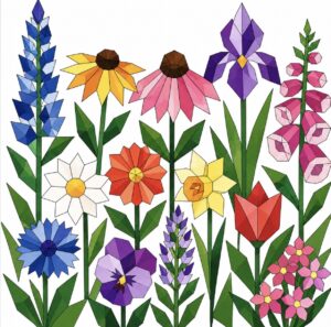 Wildflower garden barn quilt pattern with bluebonnets, coneflowers, iris, tulips, and daffodils