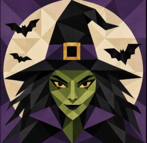 Geometric witch face barn quilt pattern line art with pointed hat, full moon and bats
