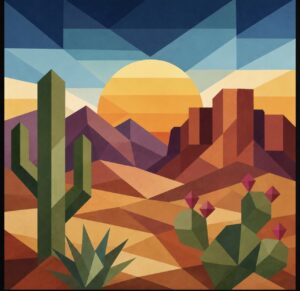 Arizona desert sunset barn quilt pattern with saguaro cactus and red rock mesas