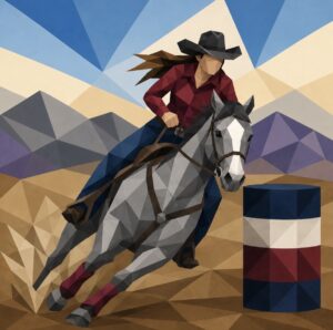Barrel racing cowgirl on horseback barn quilt pattern in tan and gray