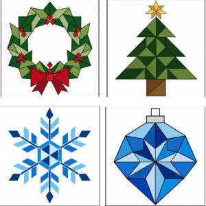 Set of four 12 inch pre-drawn barn quilt panels with wreath, Christmas tree, snowflake, and ornament designs